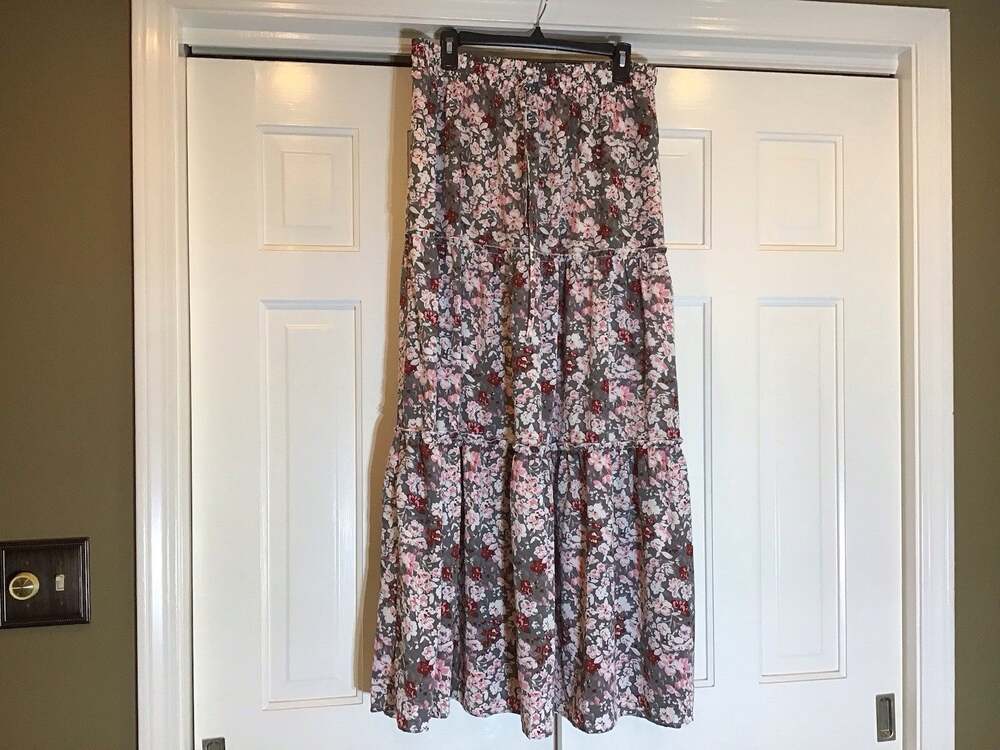 Boho Floral Gray Pink Red Tiered Midi Maxi Skirt Size XL Boho Cottage Western